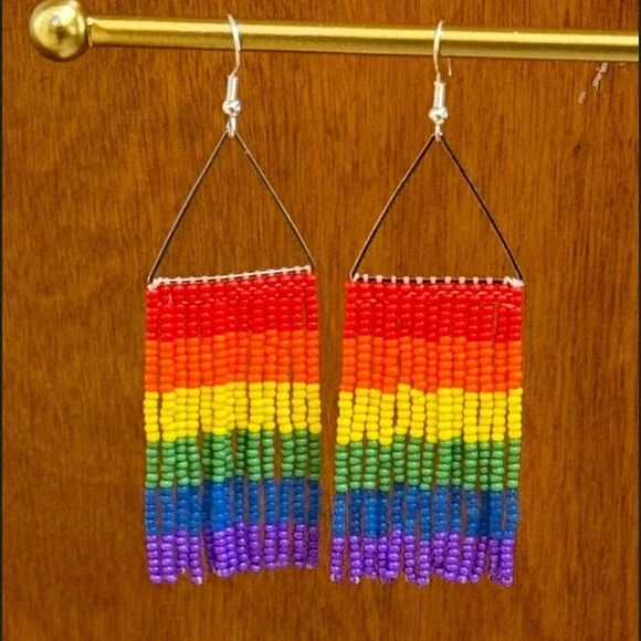 Handmade Love Is Love - LGBTQ+ Pride Beaded Rainbow Fringe Earrings - Picture 2 of 6